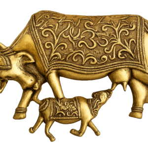 Handcrafted brass Cow and Calf wall hanging décor with intricate floral engraving and antique finish for traditional home decoration.