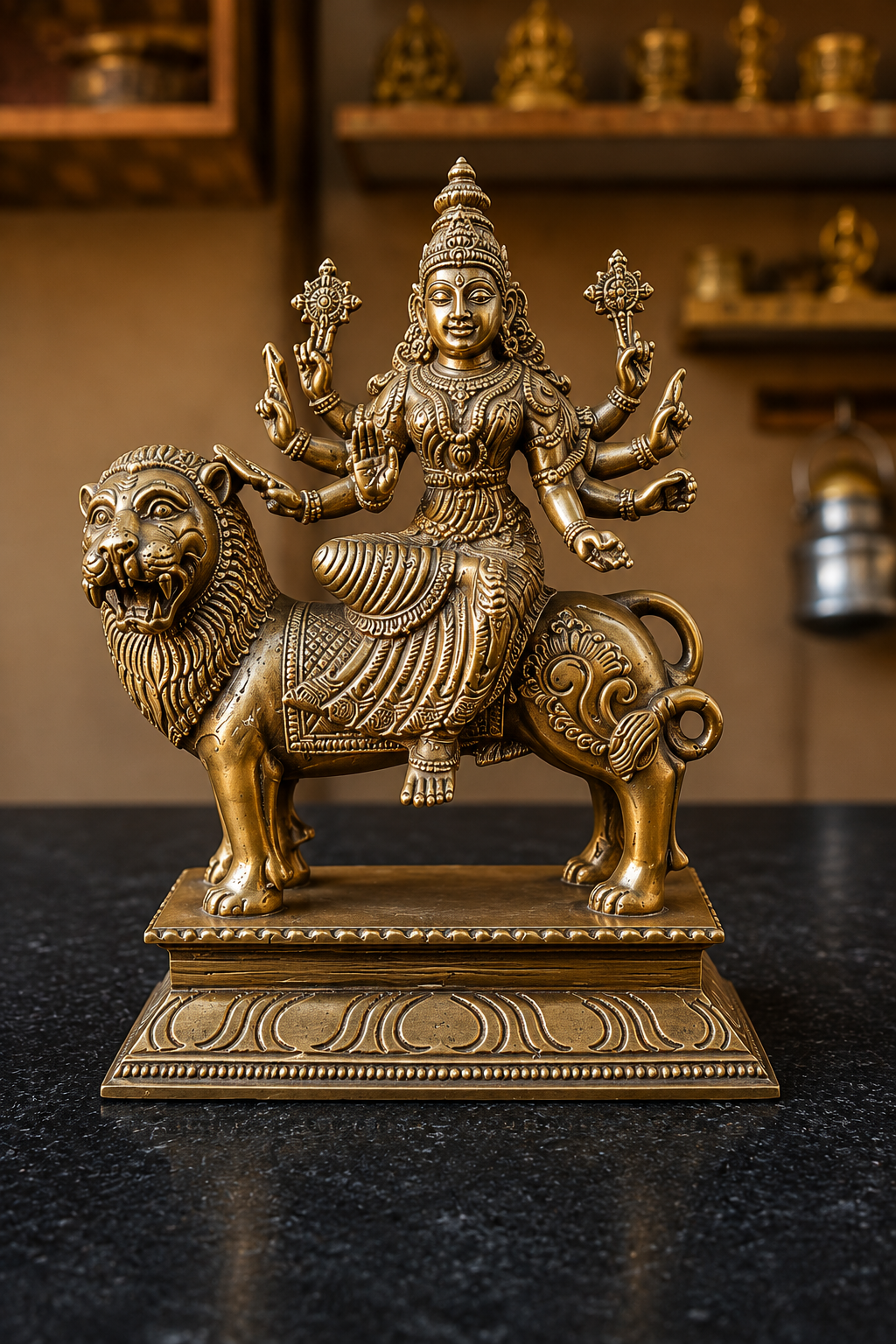 Brass Goddess Durga on Lion Idol in Tirupati