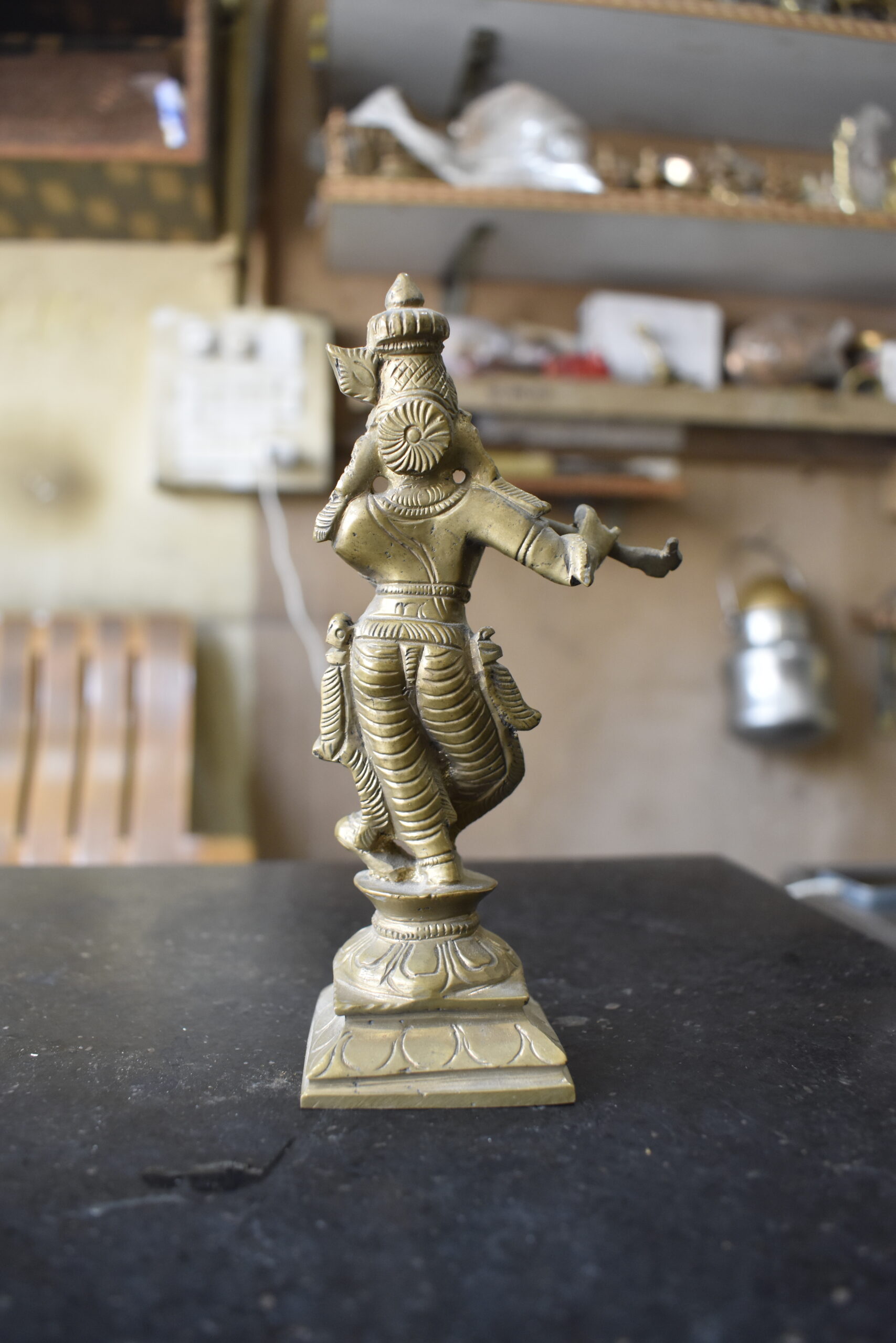 Handcrafted Brass Lord Krishna Playing Flute Idol | Antique Finish Spiritual Home Décor Statue - Image 3