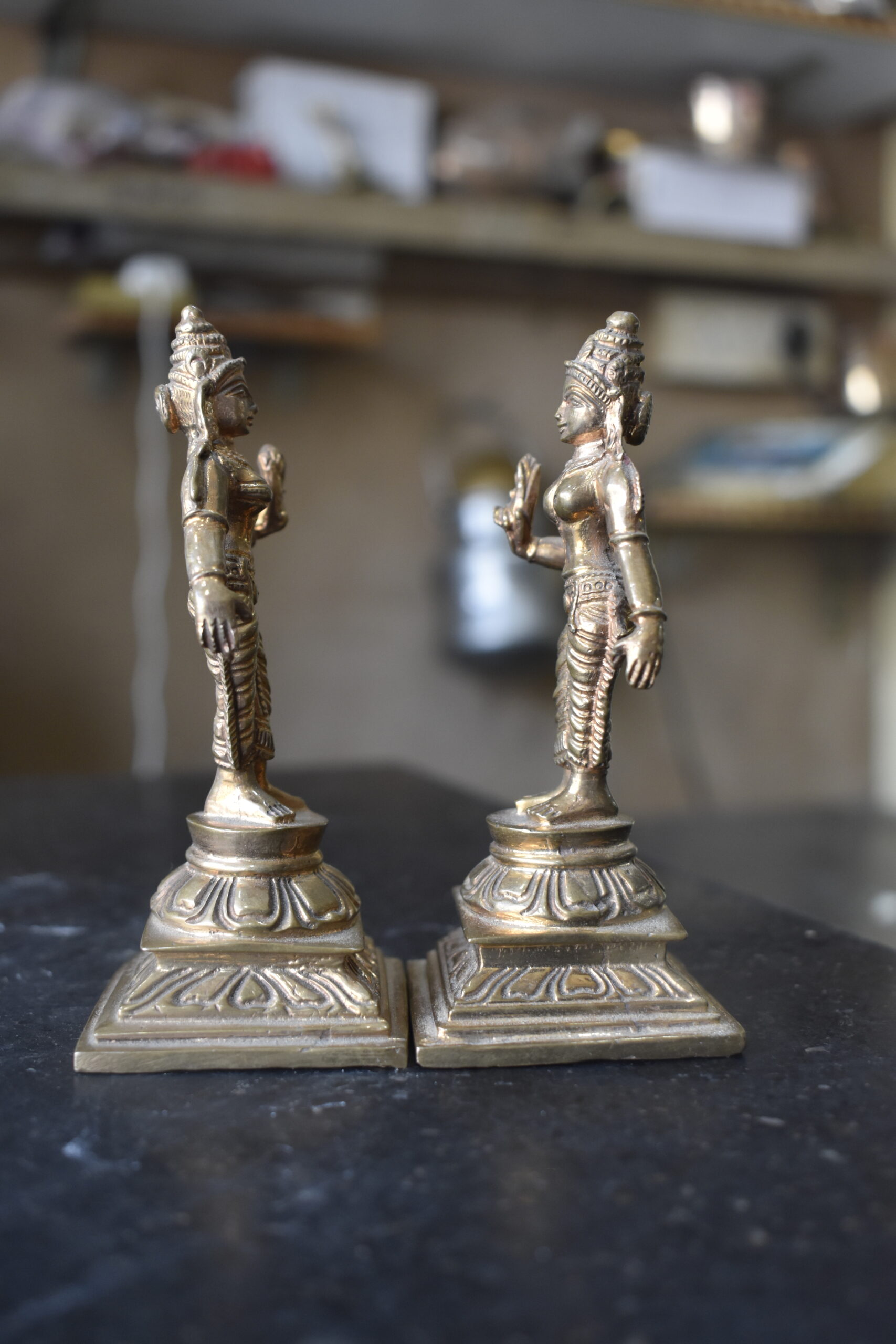 Handcrafted Brass Rukmini Satyabhama Idol Set | Traditional Antique Finish Spiritual Home Décor - Image 3