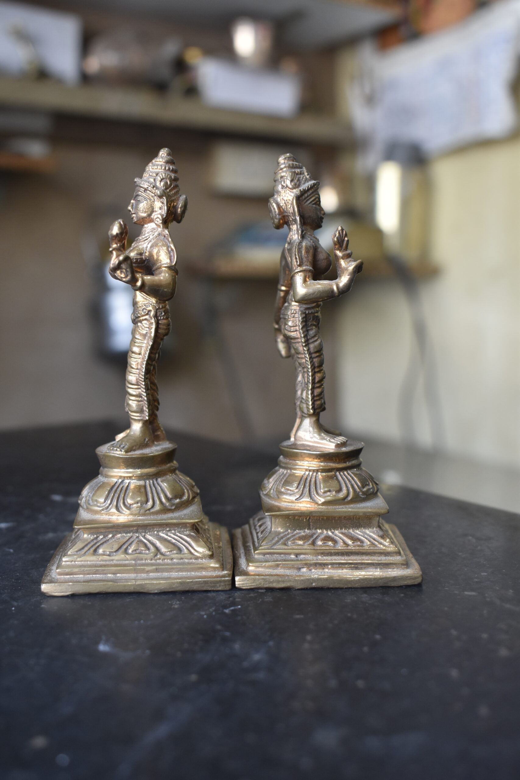 Handcrafted Brass Rukmini Satyabhama Idol Set | Traditional Antique Finish Spiritual Home Décor - Image 2