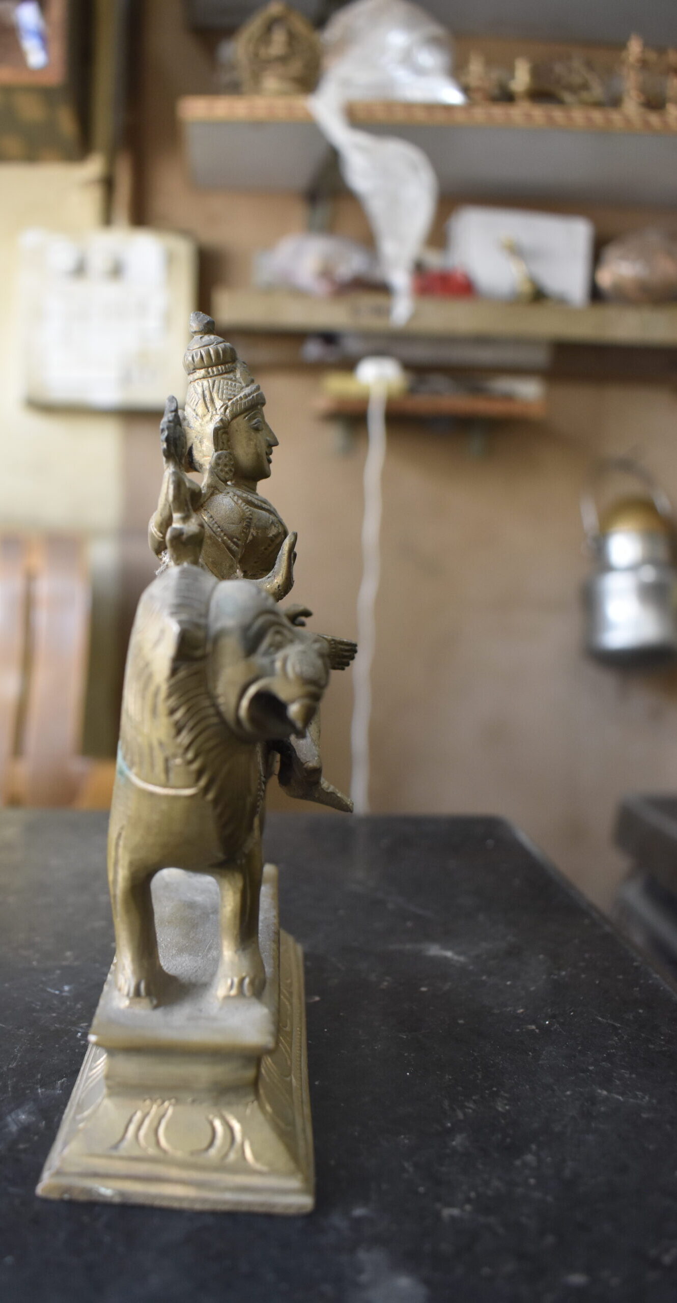 Handcrafted Brass Goddess Durga on Lion Idol | Antique Finish Spiritual Home Décor Statue - Image 3