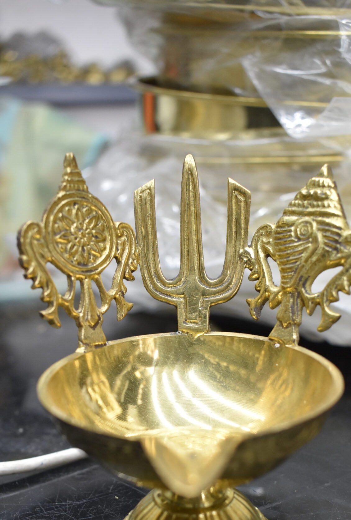 Brass Pooja Diya with Trishul, Chakra & Shankh Design in tirupati