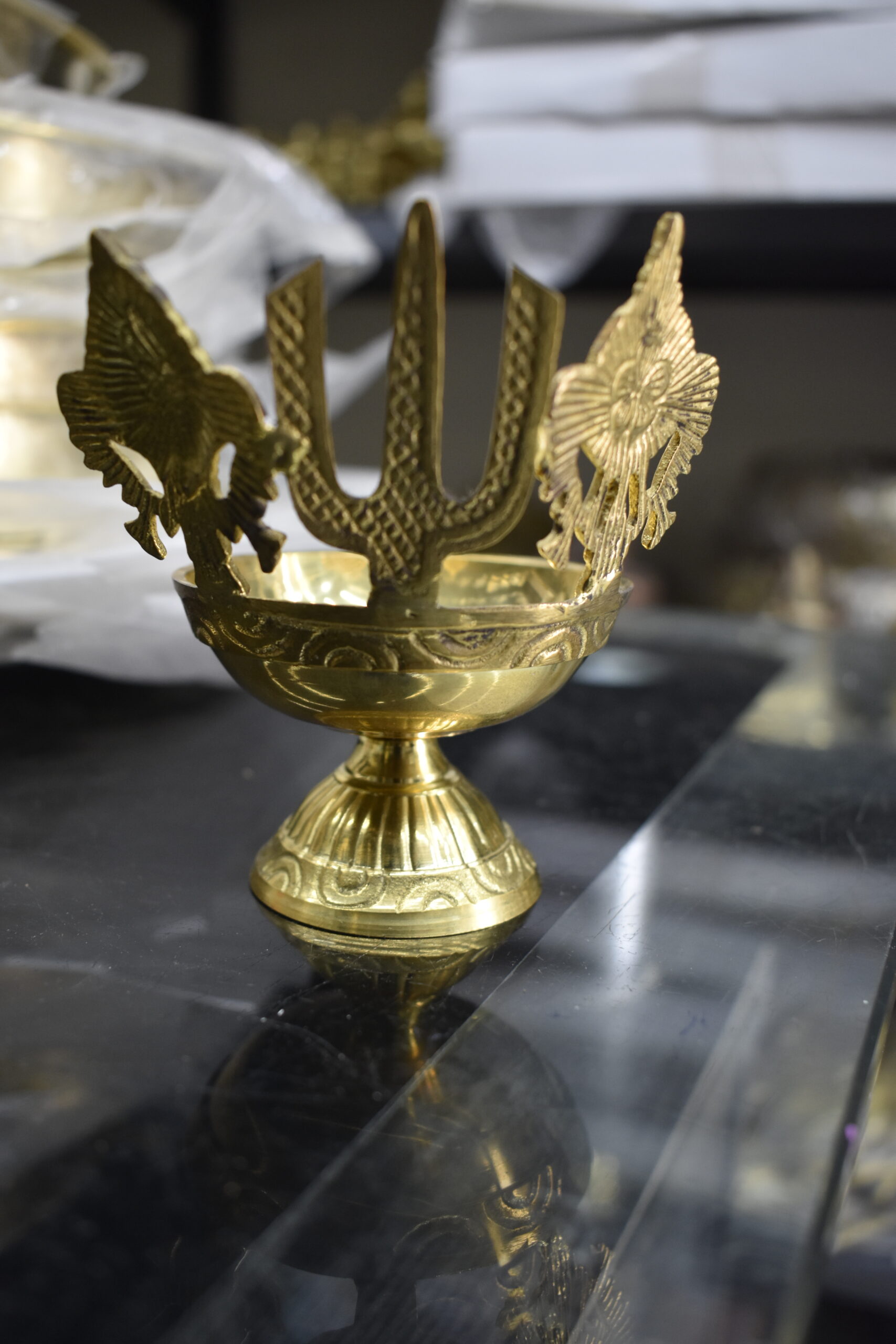 Brass Pooja Diya with Trishul, Chakra & Shankh Design