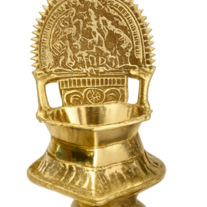 Handcrafted brass pooja diya with traditional engraved design and antique gold finish for home temple décor.