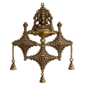 Handcrafted brass Ganesha Shubh Labh wall hanging with Om symbol and decorative bells in antique finish for home entrance and pooja room décor.