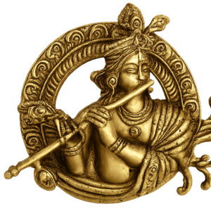 Handcrafted brass Krishna wall hanging décor with flute, circular ornamental frame, and antique finish for spiritual home decoration.