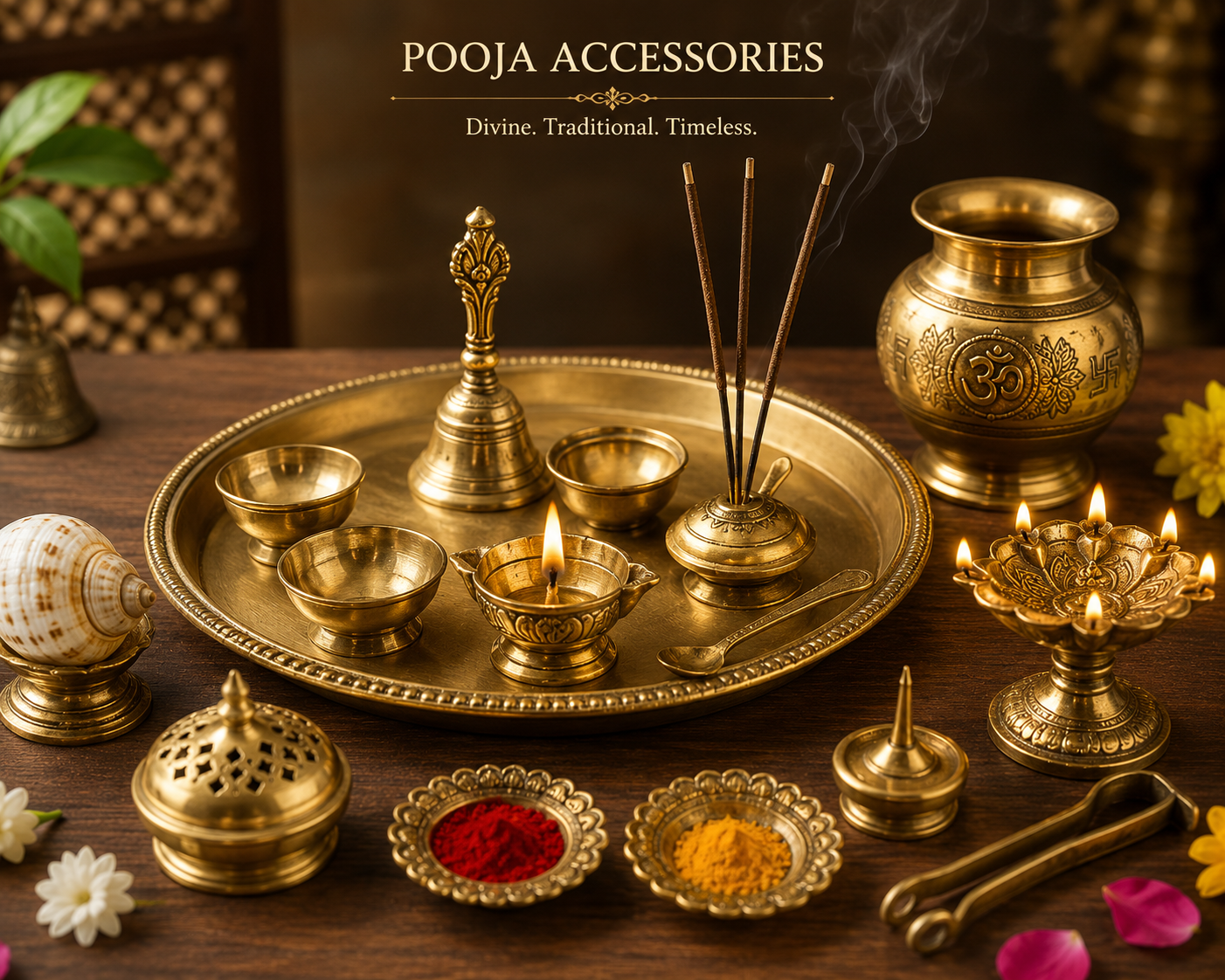 Traditional Brass Pooja Accessories – Diyas, Kalash, Thali and More